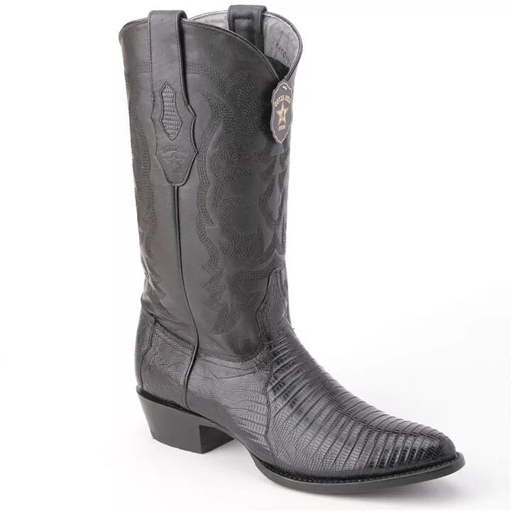 Genuine Teju Lizard Skin Cowboy Boots - Black Snip Toe Western Boots - Los Altos
