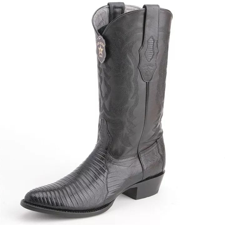 Genuine Teju Lizard Skin Cowboy Boots - Black Snip Toe Western Boots - Los Altos
