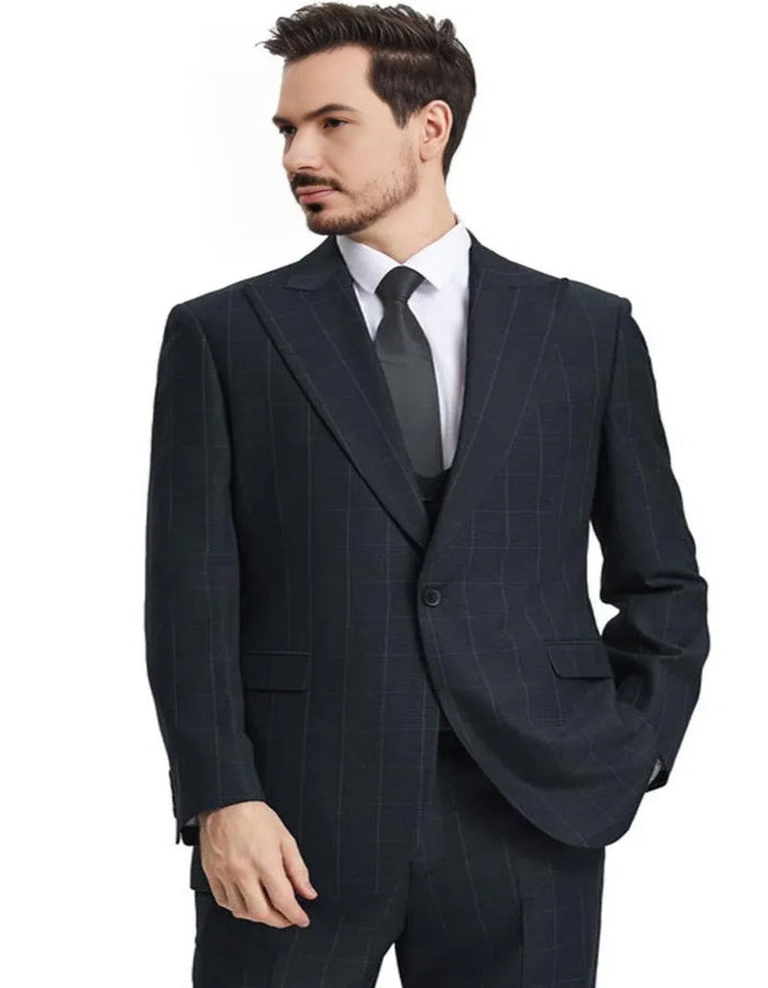 Men's Stacy Adams Peak Lapel Black Windowpane Black Suit