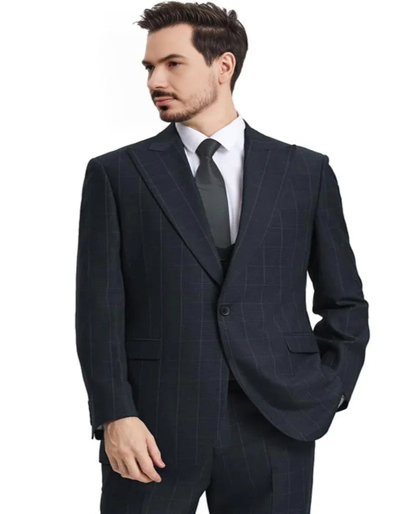 Men's Stacy Adams Peak Lapel Black Windowpane Black Suit
