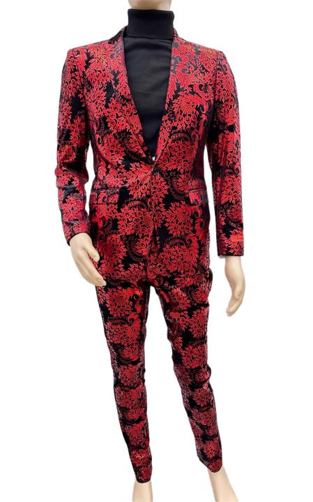 Paisley Suit - Black and Red Prom 2025 Suit - Slim Fit Stage Suit