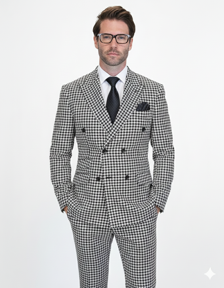 Double Breasted Suits - Vested Suits Wool Fabric  - Black Houndstooth Suit