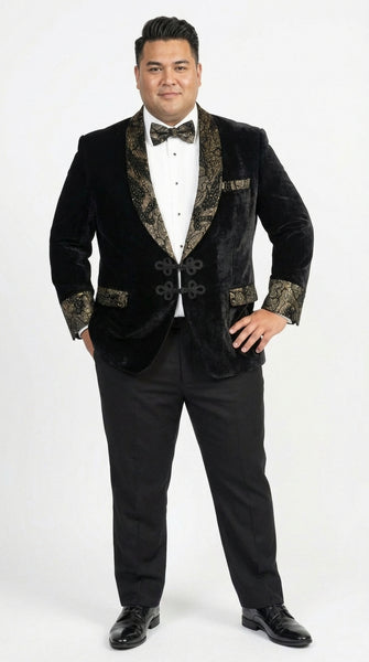 Men’s Smoking Jacket  Black and Gold Embroidered Tuxedo Blazer – Luxury Velvet Formal Dinner Jacket with Paisley Lapel