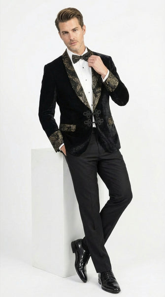 Men’s Smoking Jacket  Black and Gold Embroidered Tuxedo Blazer – Luxury Velvet Formal Dinner Jacket with Paisley Lapel