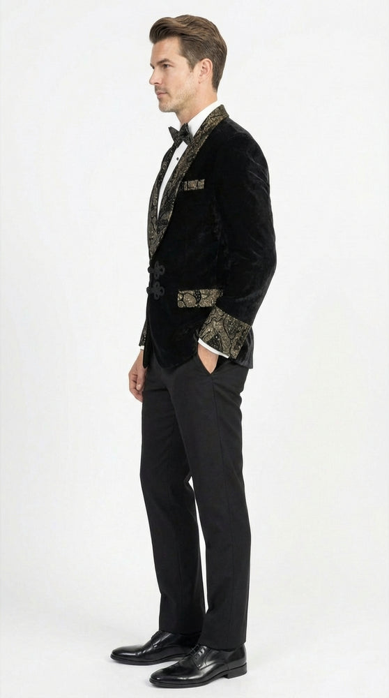 Men’s Smoking Jacket  Black and Gold Embroidered Tuxedo Blazer – Luxury Velvet Formal Dinner Jacket with Paisley Lapel