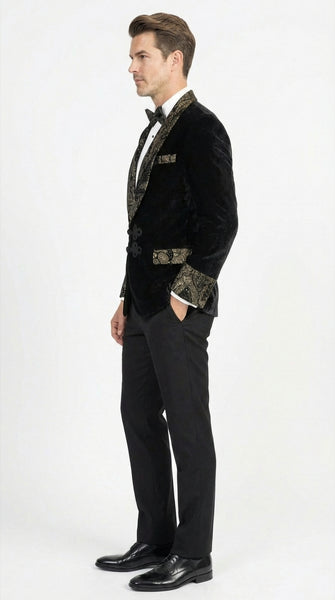 Men’s Smoking Jacket  Black and Gold Embroidered Tuxedo Blazer – Luxury Velvet Formal Dinner Jacket with Paisley Lapel