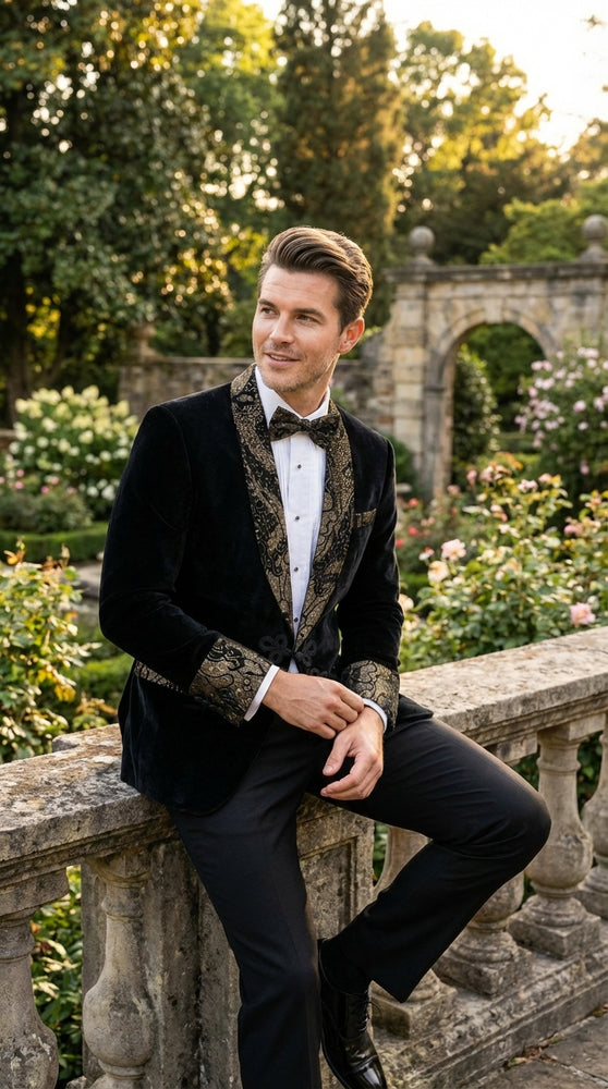 Men’s Smoking Jacket  Black and Gold Embroidered Tuxedo Blazer – Luxury Velvet Formal Dinner Jacket with Paisley Lapel