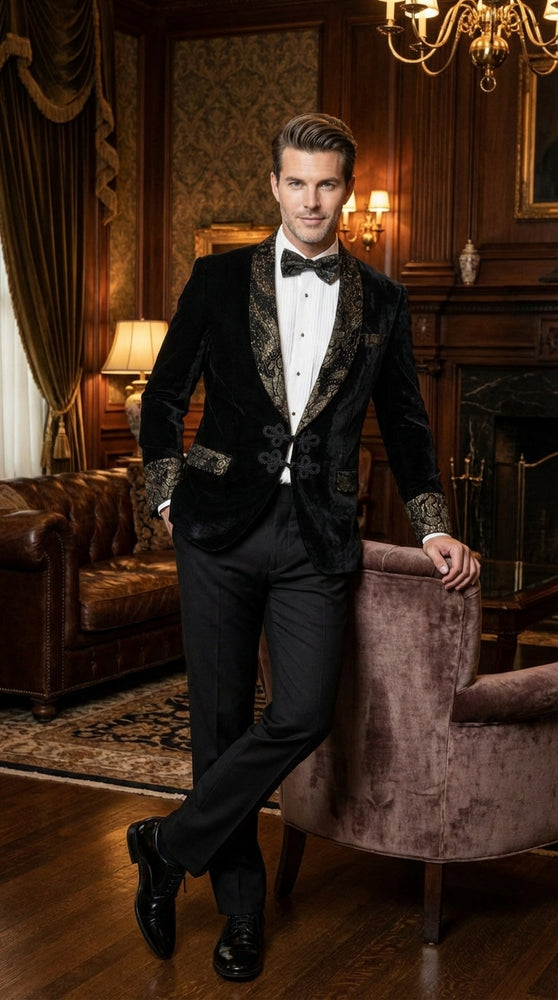 Men’s Smoking Jacket  Black and Gold Embroidered Tuxedo Blazer – Luxury Velvet Formal Dinner Jacket with Paisley Lapel
