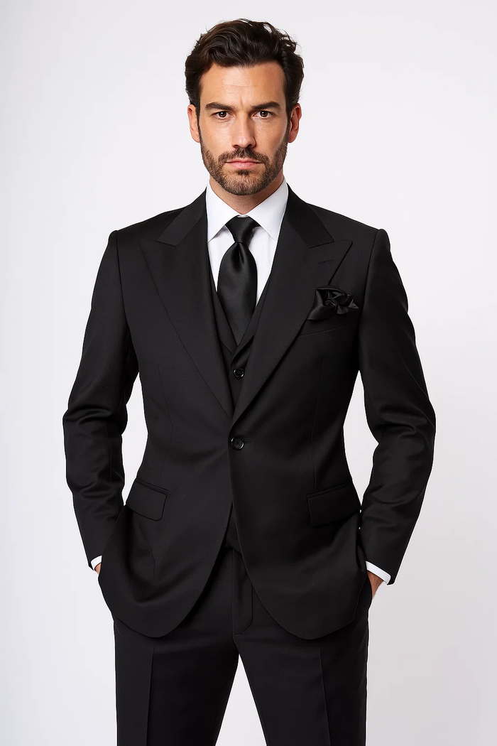 Suits With Baggy Pleated Pants - Wide Leg Pants 100% Wool - Classic Fit in Black Color by Rossiman