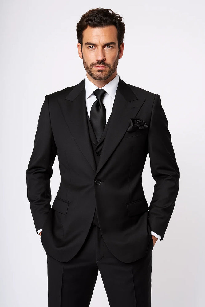 Suits With Baggy Pleated Pants - Wide Leg Pants 100% Wool - Classic Fit in Black Color by Rossiman