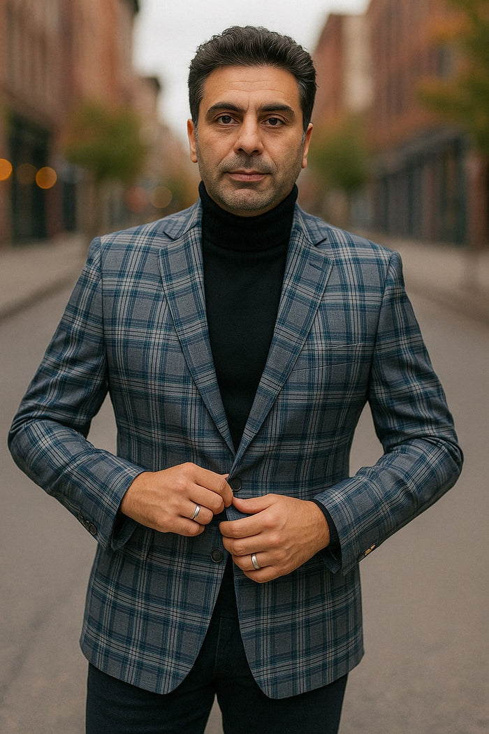Mens Blue and Grey Windowpane Plaid Blazer –  Casual Sport Coat