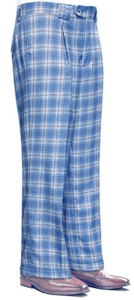 Men's Wide Leg Plaid Wool Pants: Blue Statement Trousers