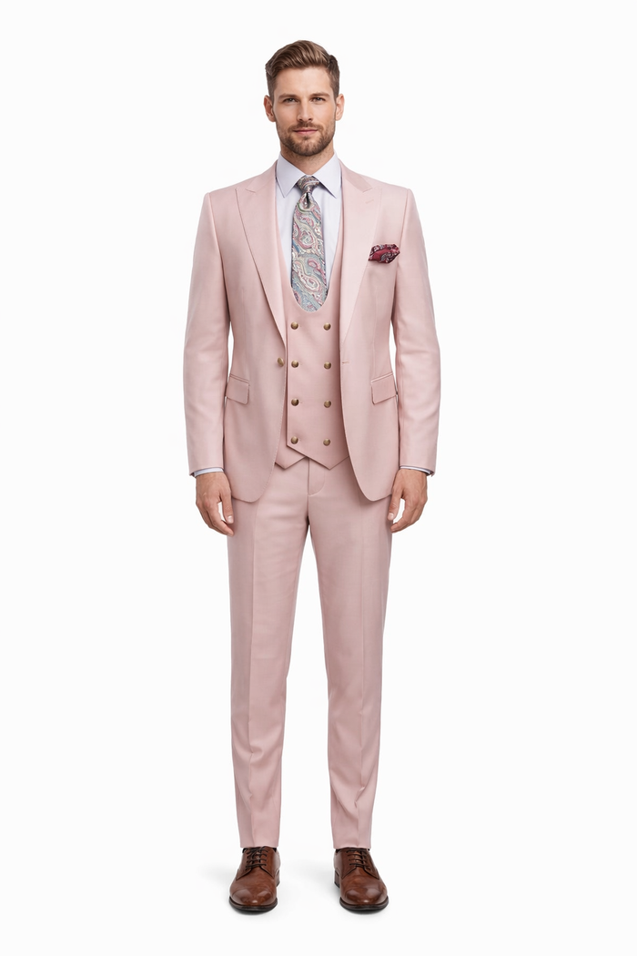 Blush Pink 3-Piece Suit with Double-Breasted Vest by Rossiman