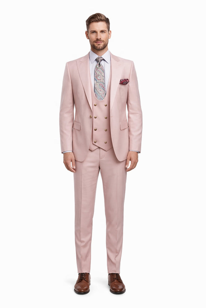 Blush Pink 3-Piece Suit with Double-Breasted Vest by Rossiman