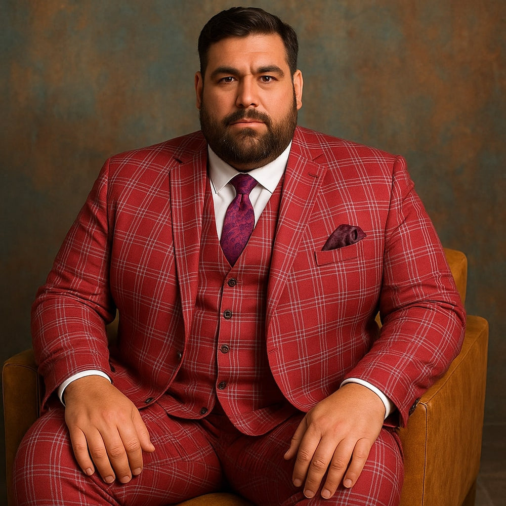 Mens Red Plaid Three-Piece Suit – Bold Checkered Pattern with Vest and Matching Pants