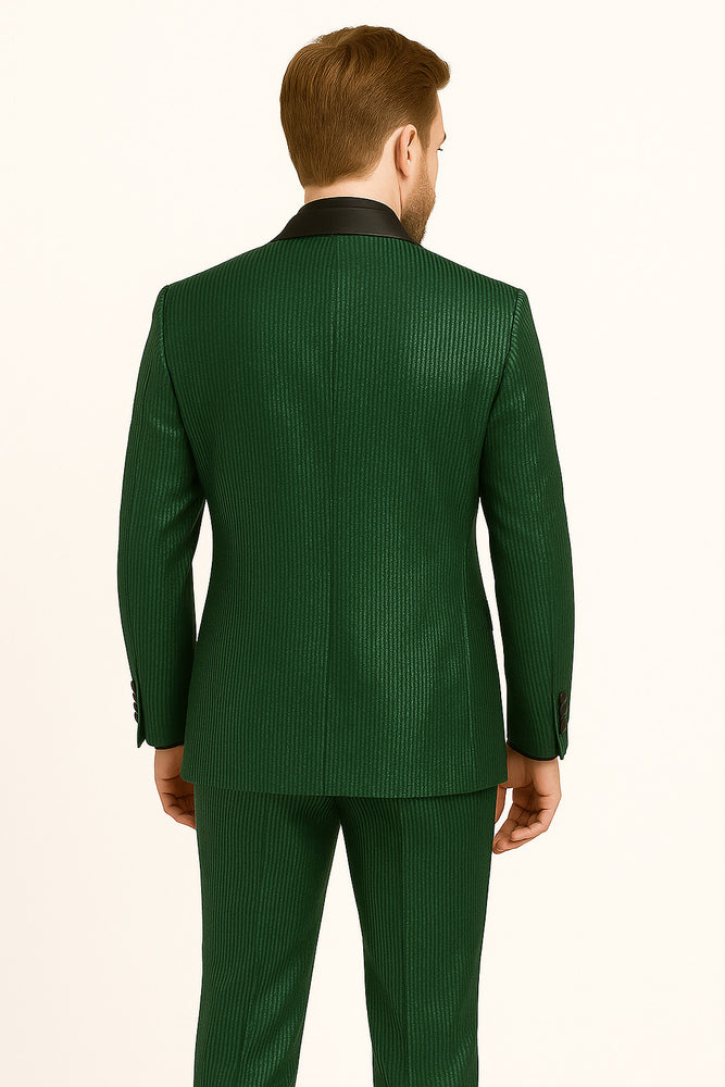 Men's Emerald Green Shiny Tuxedo with Black Satin Lapel and Matching Bow Tie – Ultra Slim Fit