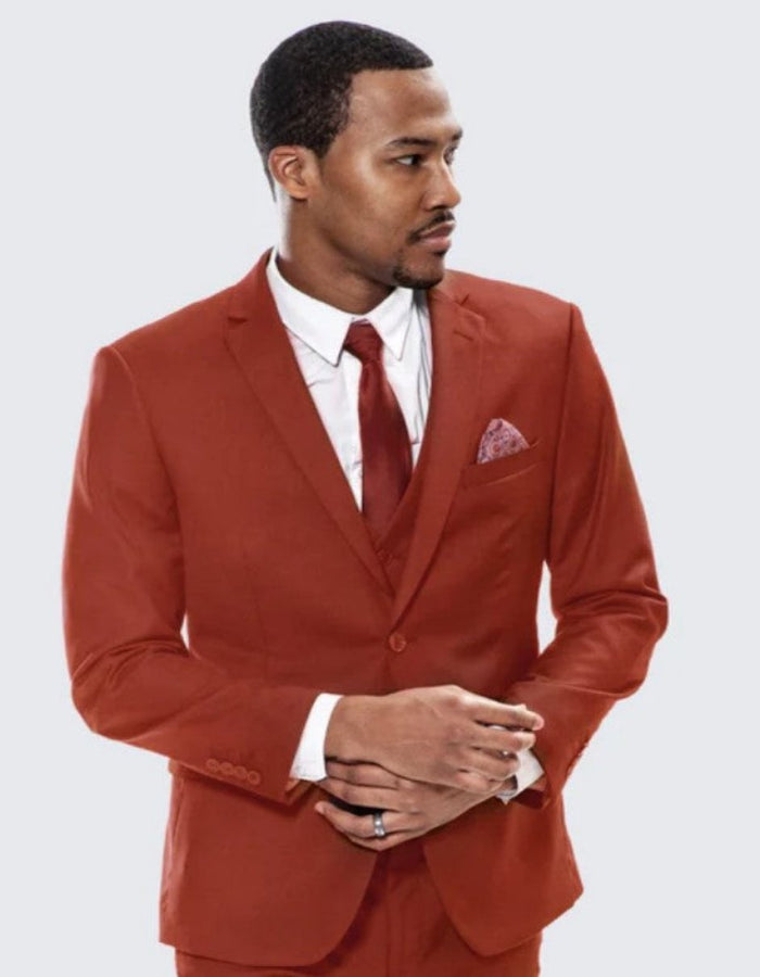 Brick Red Notch Label Skinny Fit Suit Three Piece Set - Wedding - Prom  2026