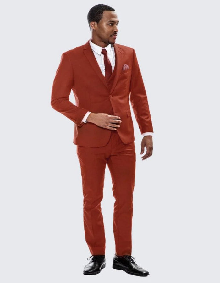 Brick Red Notch Label Skinny Fit Suit Three Piece Set - Wedding - Prom  2026