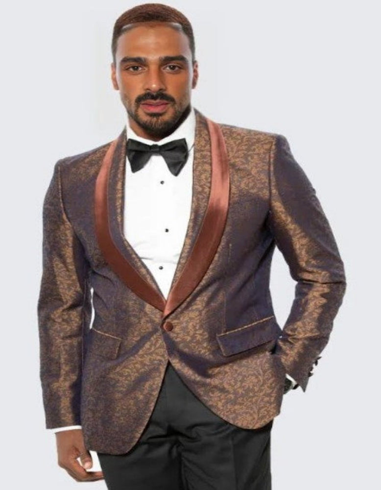 Mens Brown Paisley Hybrid Fit Tuxedo Jacket Wedding - Prom 2025 Tuxedo