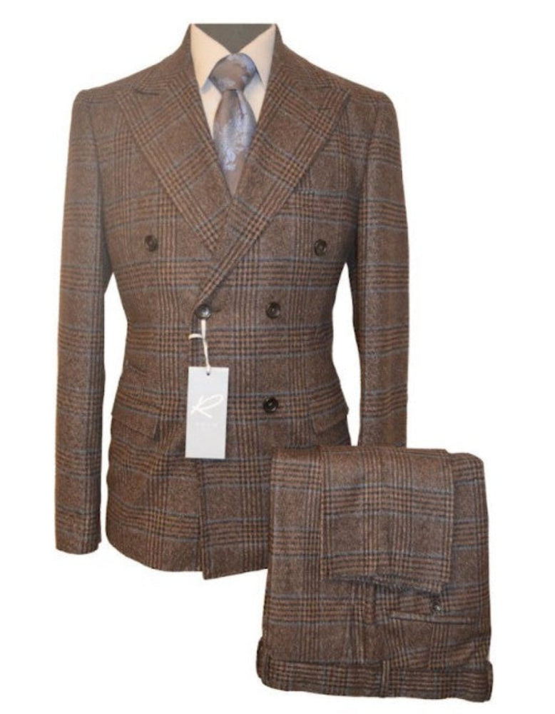 Rossiman Brown & Blue Vintage Glen Plaid Suit with Windowpane Pattern