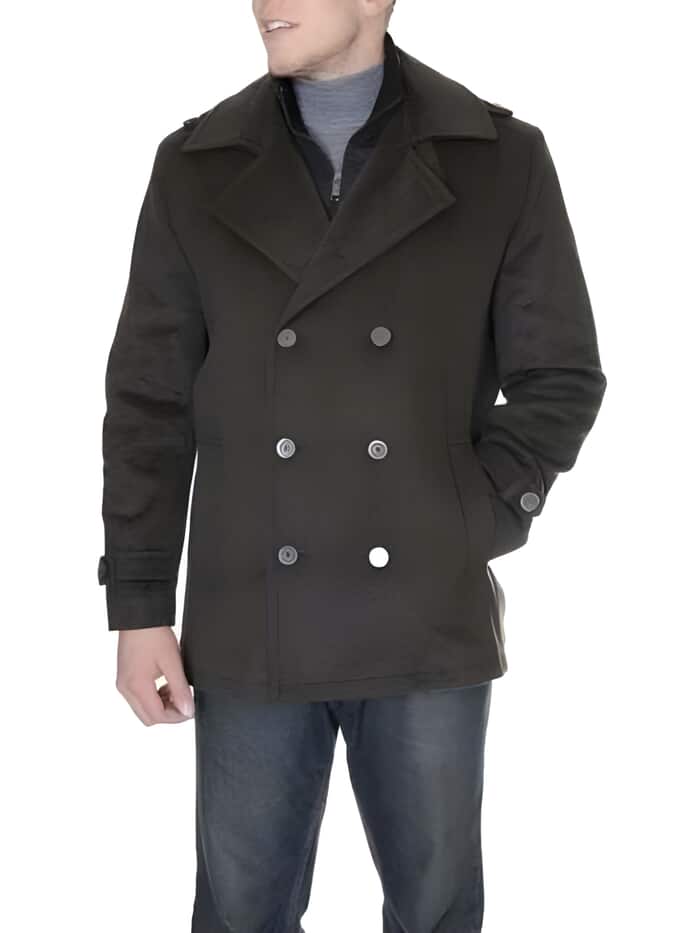 Men's Brown Herringbone Wool Peacoat - Double Breasted, Six Button Designer Style