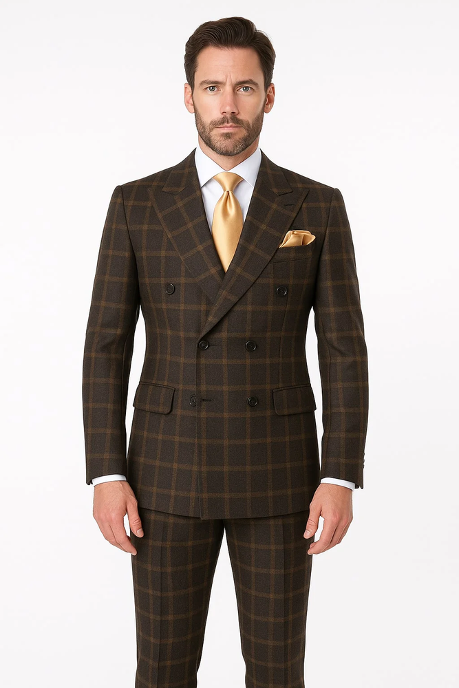 Men's Brown Plaid Double-Breasted Wool Suits – Classic Windowpane Two-Piece Formal Suits By Rossiman