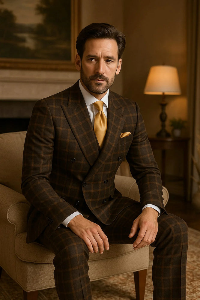 Men's Brown Plaid Double-Breasted Wool Suits – Classic Windowpane Two-Piece Formal Suits By Rossiman