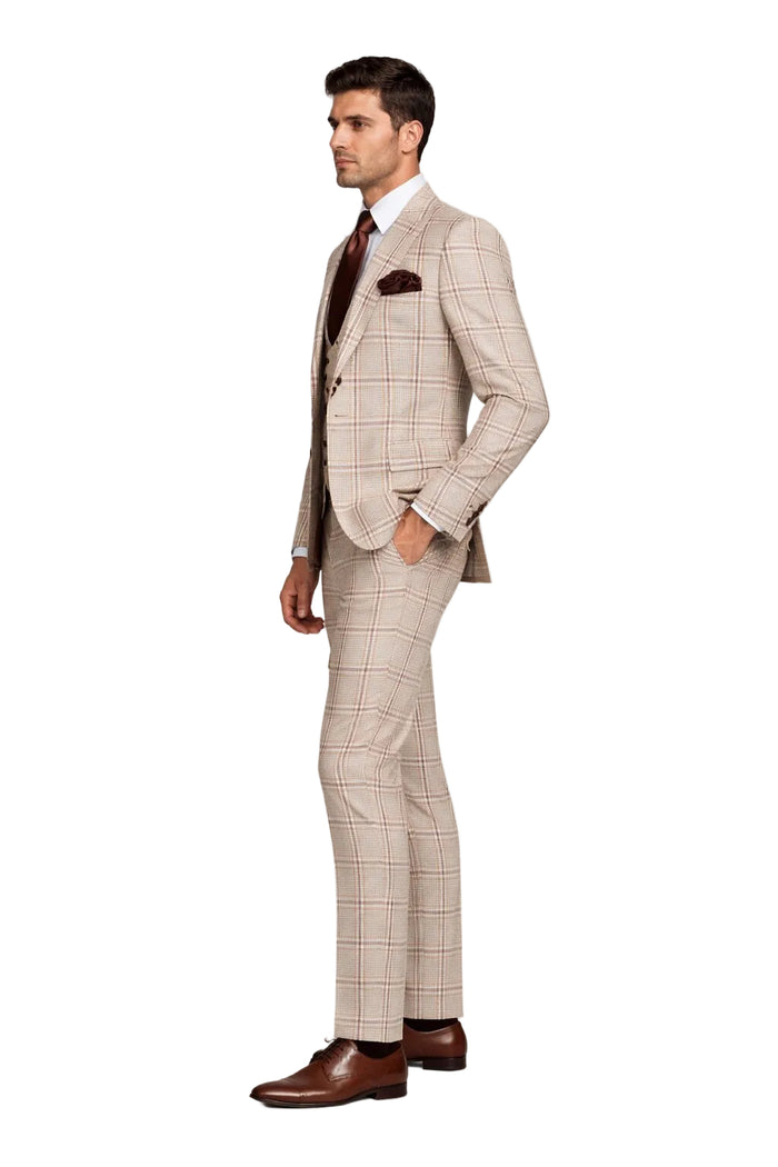 Beige & Brown Windowpane 3-Piece Modern Classic Suit by Rossiman