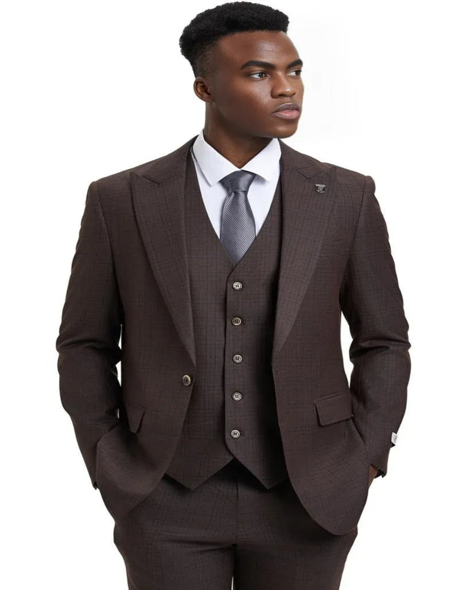 Men's Stacy Adams One Button Vested Suit in Light Brown Windowpane Plaid main image 1