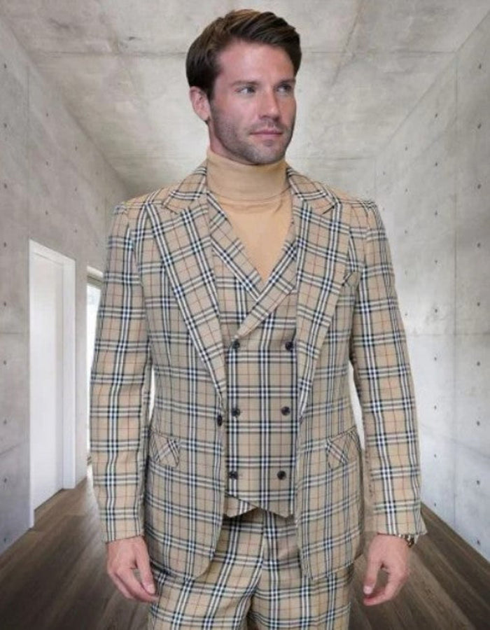Burberry Pattern Suit - Mens Church Suit with Mixture of Black and Red Checkered Window Pane Fabric Suit in Tan Color