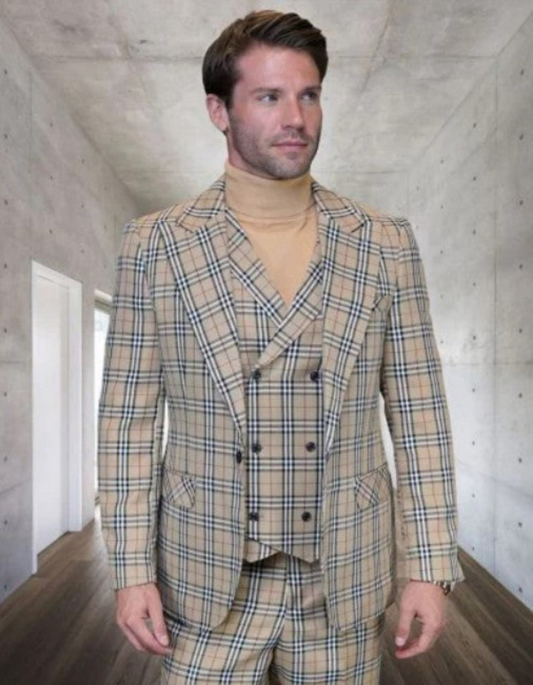 Burberry Pattern Suit - Mens Church Suit with Mixture of Black and Red Checkered Window Pane Fabric Suit in Tan Color
