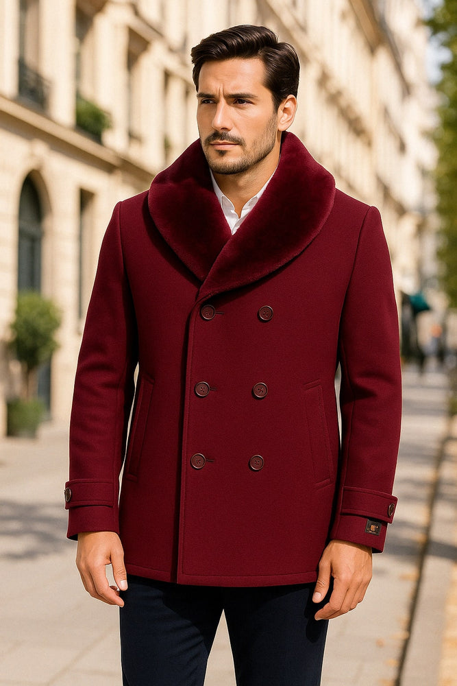 Men’s Burgundy Double-Breasted Overcoat with Faux Fur Shawl Collar – Alberto Nardoni Signature