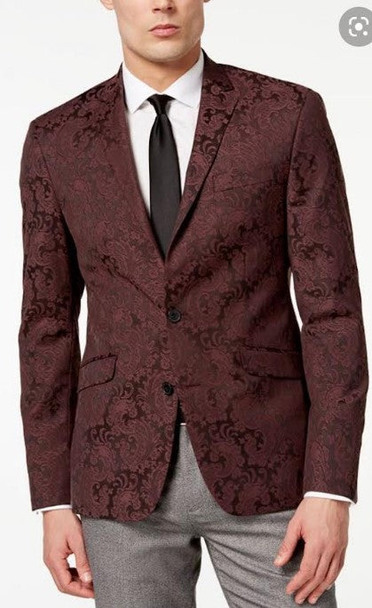 Mens Burgundy Paisley Tuxedo Blazer – Slim Fit Formal Dinner Jacket - Velvet Fabric - Slim Fitted