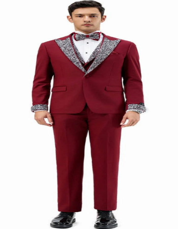 Burgundy Prom Tuxedo - Perfect Wedding Suit Vested Rhinestone sequin Lapelled