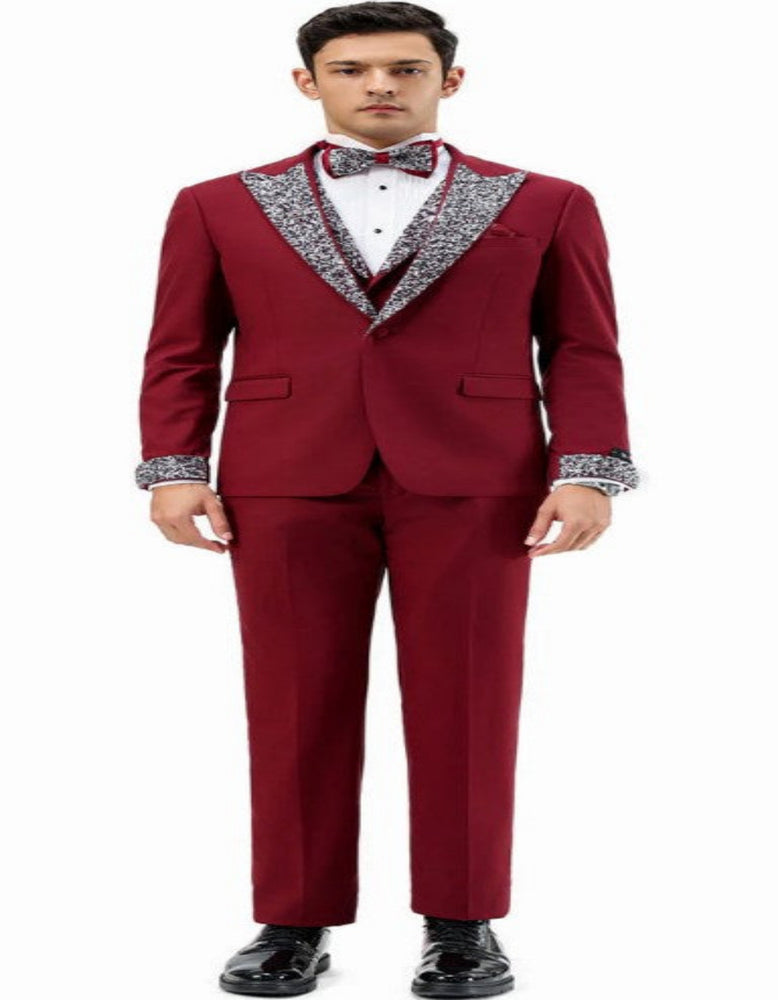 Burgundy Prom Tuxedo - Perfect Wedding Suit Vested Rhinestone sequin Lapelled