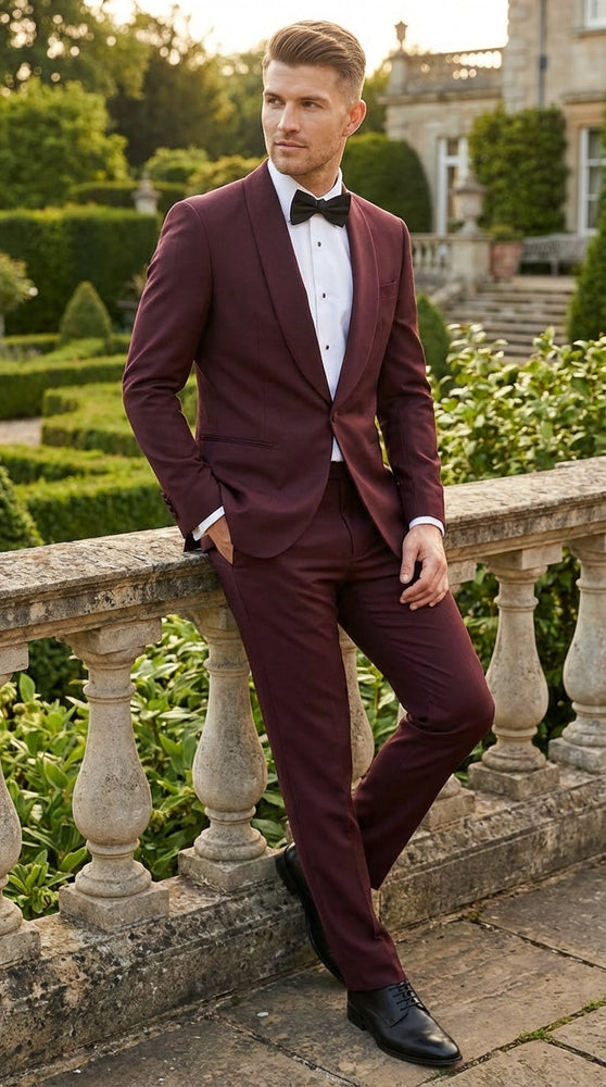 Men's Burgundy and Burgundy Shawl Lapel Tuxedo Suit | Classic Formal Wedding Prom Dinner Jacket Set