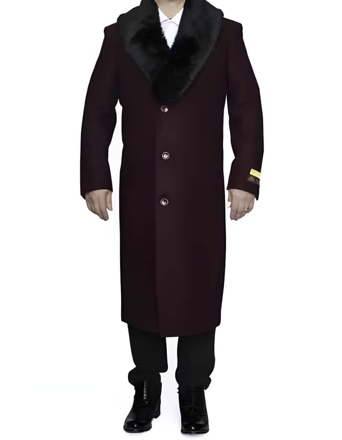 Burgundy Wool Coat with Removable Faux Fur Collar | Full Length Winter Dress Coat