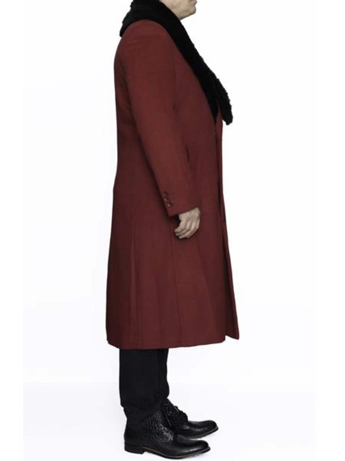 Burgundy Wool Coat with Removable Faux Fur Collar | Long Winter Dress Coat