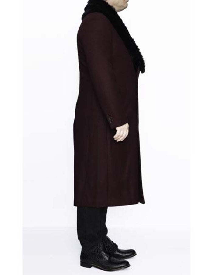 Burgundy Wool Coat with Removable Faux Fur Collar | Full Length Winter Dress Coat