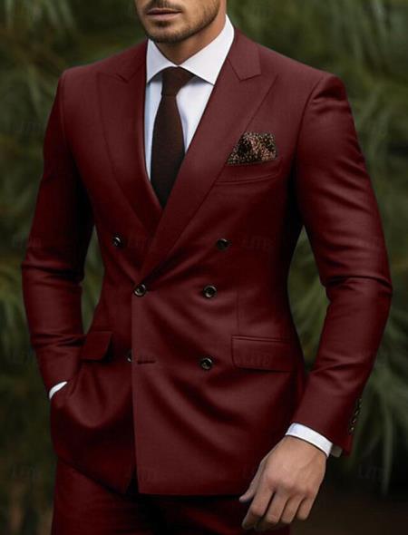 Double Breasted Slim Fit Suit - Burgundy Suit - Tapered Fit Pants