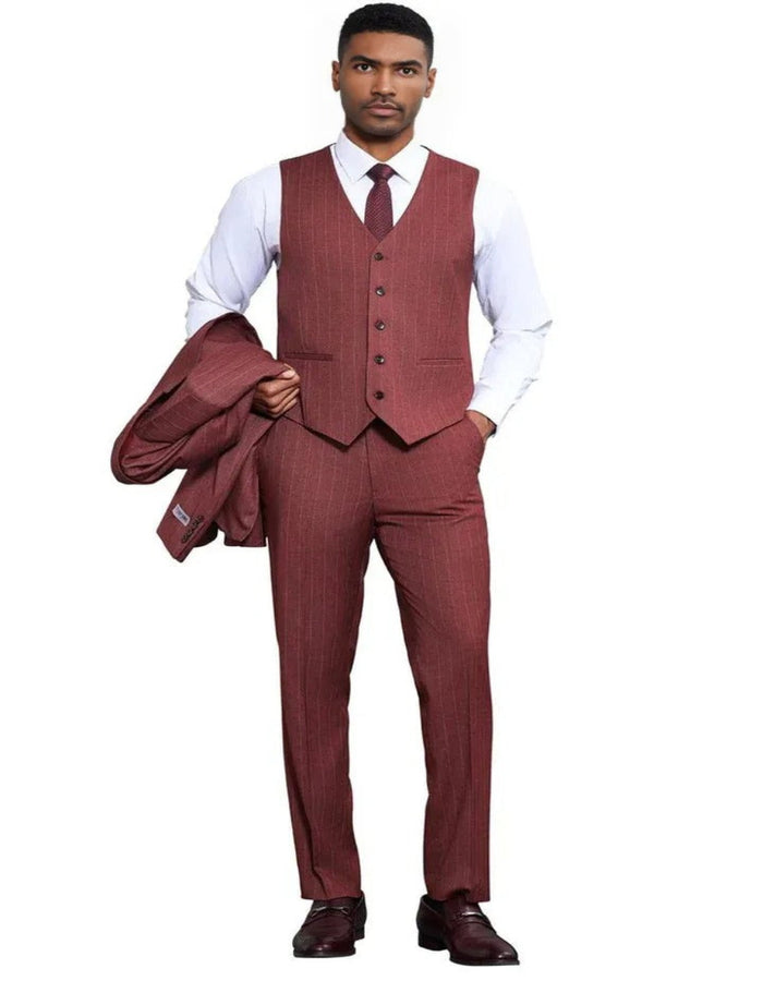 Men's Stacy Adams One Button Peak Lapel Vested Burgundy Pinstripe Suit