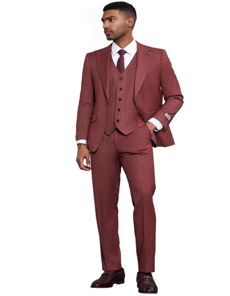 Men's Stacy Adams One Button Peak Lapel Vested Burgundy Pinstripe Suit