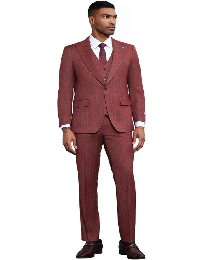 Men's Stacy Adams One Button Peak Lapel Vested Burgundy Pinstripe Suit