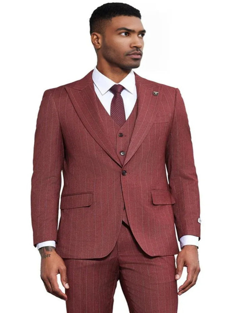 Men's Stacy Adams One Button Peak Lapel Vested Burgundy Pinstripe Suit