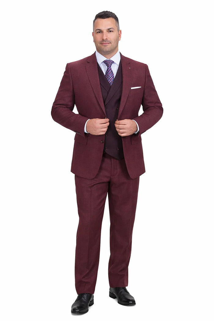  Burgundy Vintage Style Wool Suit – Two Button Jacket with Double Breasted Vest