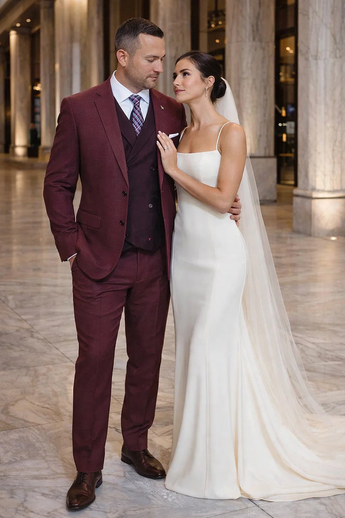  Burgundy Vintage Style Wool Suit – Two Button Jacket with Double Breasted Vest