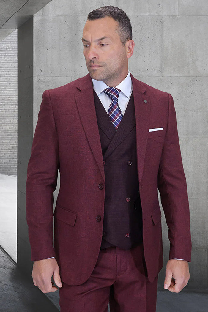 Burgundy Vintage Style Wool Suit – Two Button Jacket with Double Breasted Vest