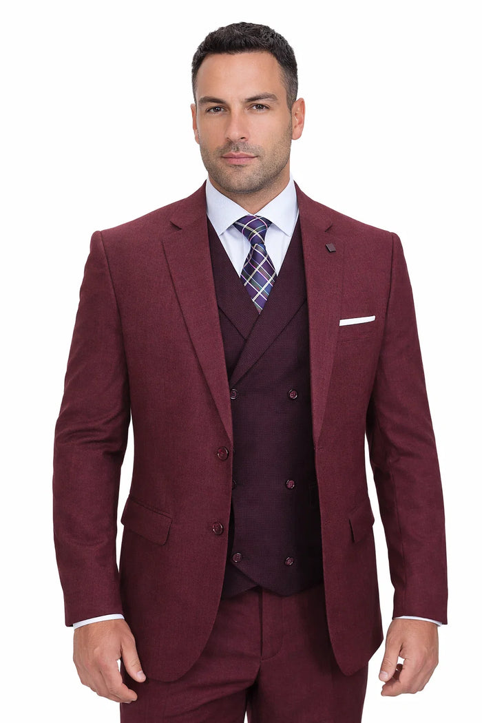  Burgundy Vintage Style Wool Suit – Two Button Jacket with Double Breasted Vest