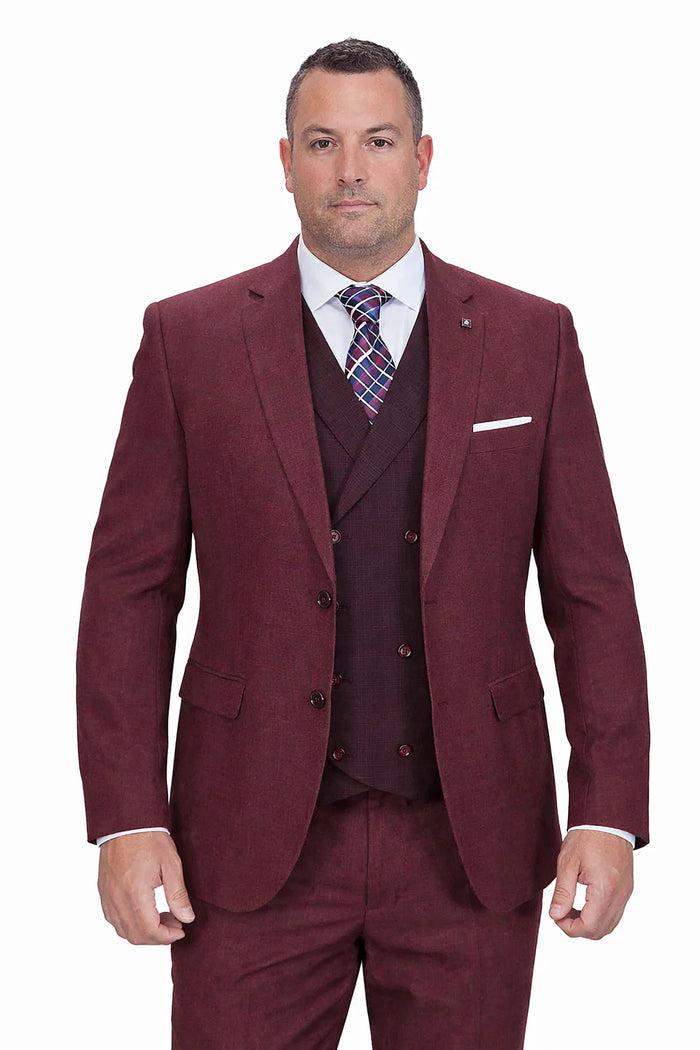 Burgundy Vintage Style Wool Suit – Two Button Jacket with Double Breasted Vest