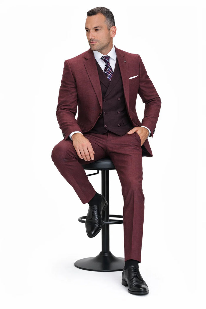  Burgundy Vintage Style Wool Suit – Two Button Jacket with Double Breasted Vest